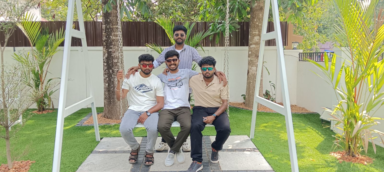 Colleagues relaxing outdoors